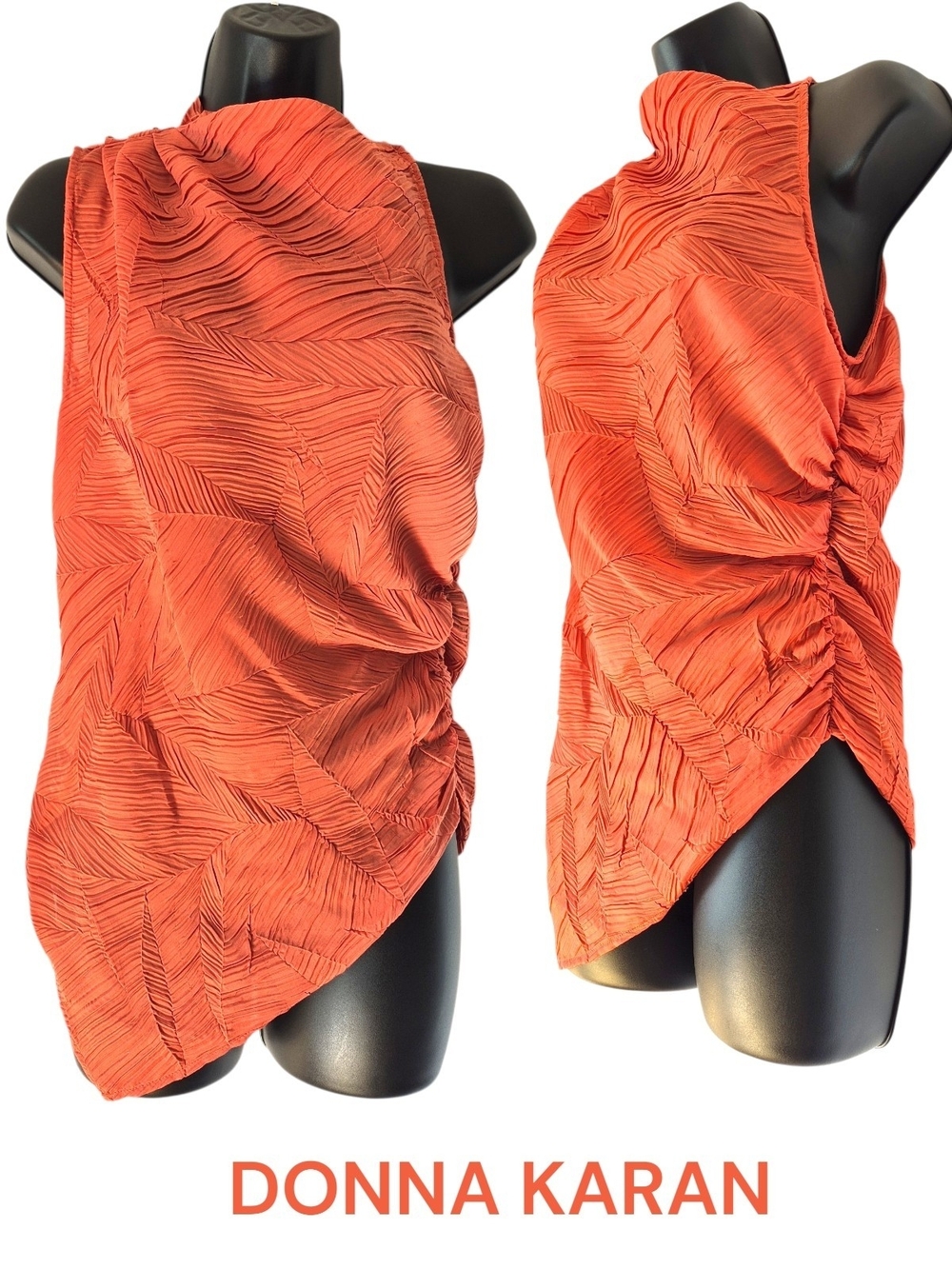 Donna Karan Coral-Orange Crinkled Textured Asymetrical Tank Size S